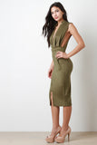 Suede Deep-V Sleeveless Cocktail Midi Dress