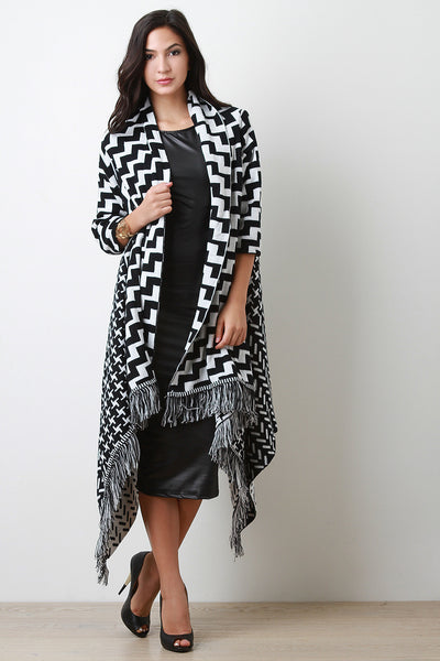 Mixed Pattern Fringe Open Front Poncho