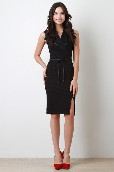 Belted Leather Contrast Sleeveless Bodycon Midi Dress