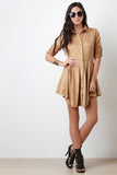 Suede Long Sleeves Button-Up Flared Dress