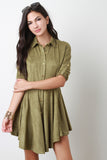 Suede Long Sleeves Button-Up Flared Dress