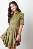 Suede Long Sleeves Button-Up Flared Dress