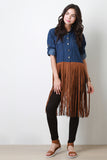 Contrast Suede Fringe Denim Long Sleeves Maxi Top