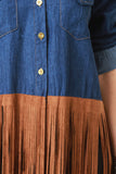 Contrast Suede Fringe Denim Long Sleeves Maxi Top