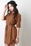 Suede Collared Drawstring Button-Up Shirt Dress