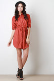 Suede Collared Drawstring Button-Up Shirt Dress