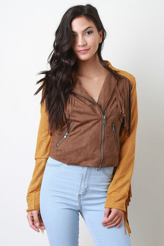 Zipped Up Two Tone Suede Fringe Long Sleeves Jacket