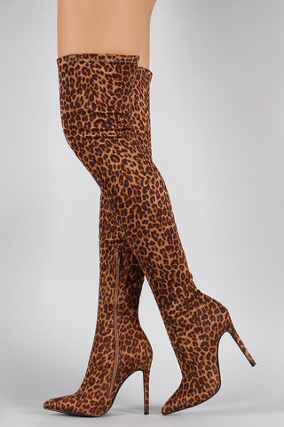 Liliana Leopard Pointy Toe Stiletto Over-The-Knee Boots