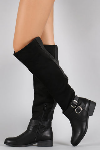 Double Buckle Suede Contrast Riding Knee High Boots