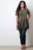 Short Sleeve Suede Fringe Hem Top