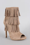 Delicious Suede Triple Layered Fringe Peep Toe Stiletto Booties