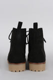 Qupid Suede Lug Sole Round Toe Lace Up Combat Ankle Boots