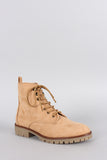 Qupid Suede Lug Sole Round Toe Lace Up Combat Ankle Boots