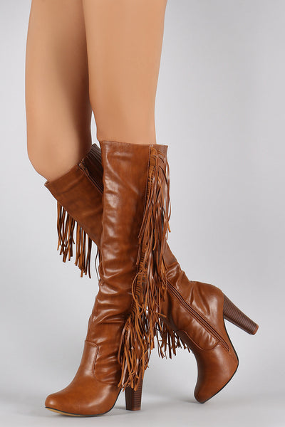 Vegan Leather Falling Fringe Chunky Heel Boots