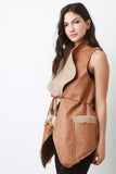 Vegan Leather Shearling Oversized Collar Sleeveless Belted Vest