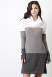 Cowl Neck Mixed Knit Sweater Dress