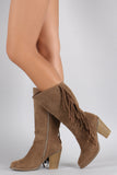 Liliana Suede Studded Fringes Cowgirl Chunky Heeled Mid Calf Boots