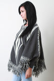 Fringe Hem Marled Knit Tribal Pattern Poncho