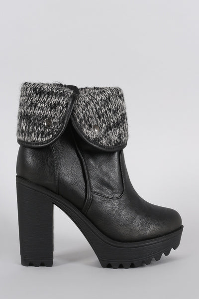 Soda Sweater Cuff Lug Sole Heeled Ankle Boots