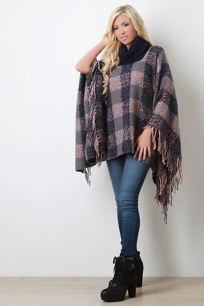 Plaid Contrast Turtleneck Fringe Poncho