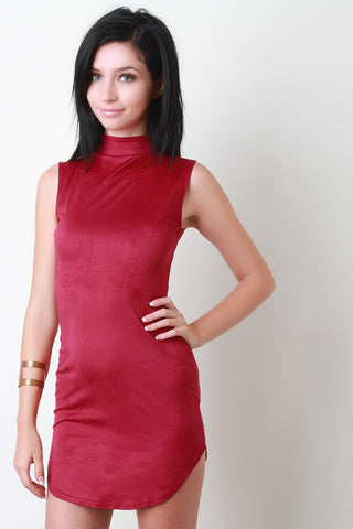 Vegan Suede Mock Neck Sleeveless Mini Dress