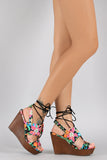 Qupid Painted Floral Corset Lace Up Wooden Platform Wedge