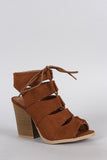 Qupid Suede Peep Toe Corset Lace Up Gladiator Chunky Heel