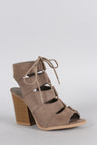 Qupid Suede Peep Toe Corset Lace Up Gladiator Chunky Heel