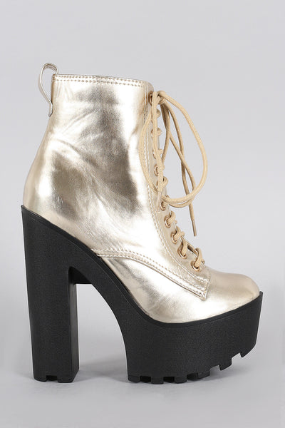 Breckelle Metallic Combat Lug Platform Chunky Heel Boots